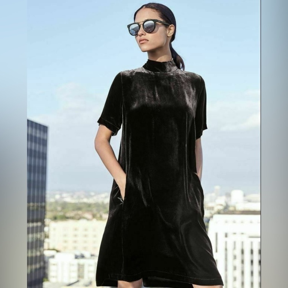 EILEEN FISHER Silk Blend Tie Back Velvet Mock-Neck Dress Charcoal Grey Small